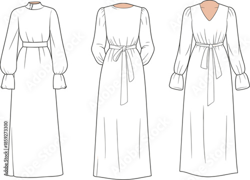 cad drawing flat vector illustration, elegant long dress design with high neckline, belt waist, balloon sleeves, back tie detail, technical fashion sketch