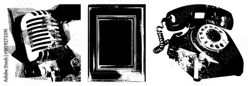 vintage microphone framed rotary phone