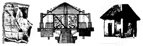 ancient stone carving wooden structure thatched roof house