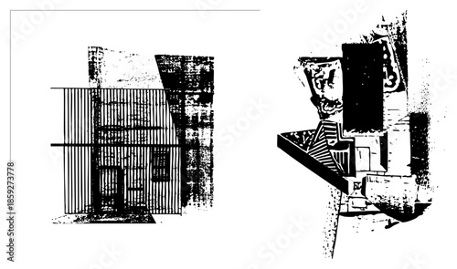 two abstract architectural structures in black and white vector style