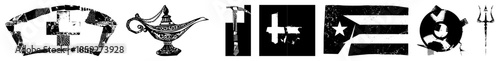Six stylized medical, genie lamp, hammer, plus sign, Puerto Rico flag, trident