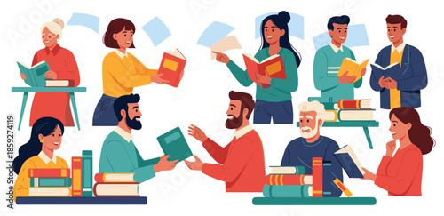 Bookcrossing concept. Happy people exchanging, borrowing and recommending paper books. Group of man and woman reading. Readers swap literature. Flat vector illustration isolated on white background