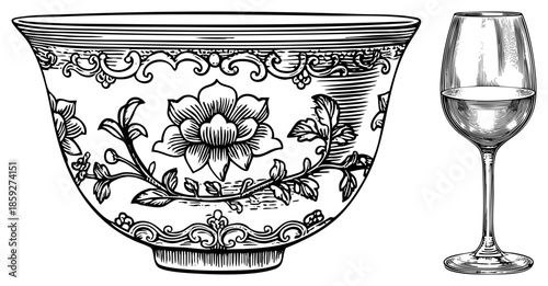 ornate bowl and wine glass vector illustration