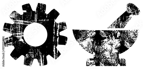 gear and mortar pestle black and white vector