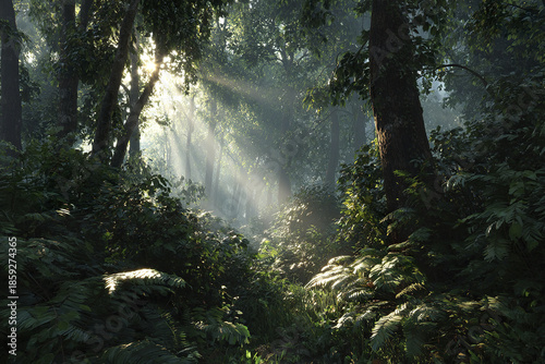 Wallpaper Mural Dense rainforest with sunlight streaming through tall trees and lush green foliage creating serene and peaceful woodland atmosphere in soft morning light Torontodigital.ca