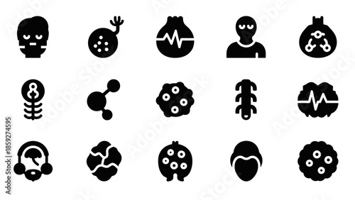 A collection of 15 black and white icons representing various biological and scientific concepts, including cells, viruses, and human anatomy.