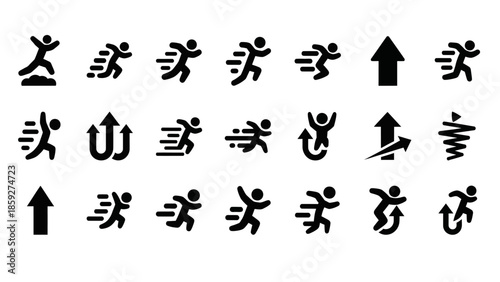 Collection of stylized icons representing running figures and upward-pointing arrows, symbolizing speed, progress, and movement.