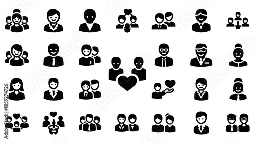 A collection of diverse black and white icons representing people, couples, families, and groups in various social and professional settings.