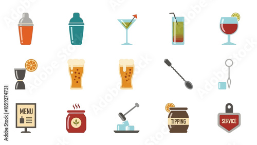 A collection of 15 flat design icons representing bar tools, drinks, and service items, perfect for menus or signage.