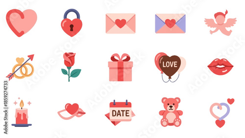 A collection of charming Valentine's Day themed icons, featuring hearts, love symbols, and romantic imagery, perfect for digital design.