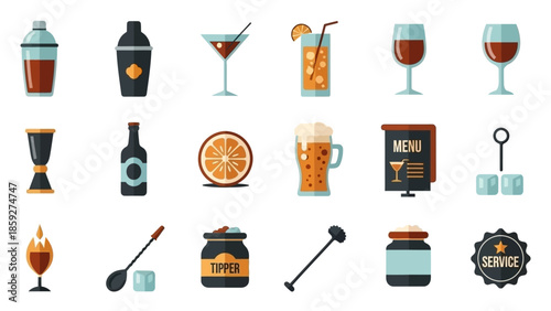 A collection of bar and cocktail-related icons, including shakers, glasses, bottles, garnishes, and service emblems.