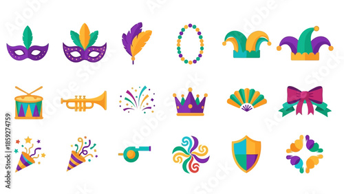A vibrant collection of Mardi Gras themed icons, including masks, hats, feathers, trumpets, crowns, and confetti, perfect for festive designs.