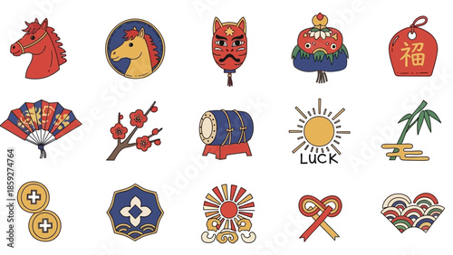 A collection of colorful Japanese and East Asian cultural icons and symbols, including horses, masks, fans, drums, and good luck charms, presented in a flat design style.