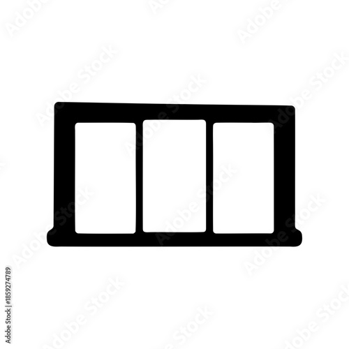 Black and white illustration of a threepane window or display case