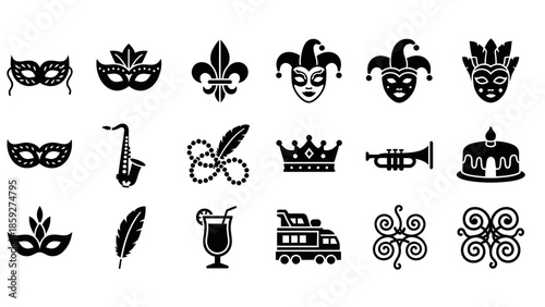 A collection of black silhouette icons representing Mardi Gras and carnival celebrations, including masks, musical instruments, beads, crowns, and festive elements.