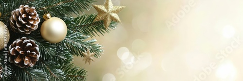 Elegant Festive Christmas Holiday Background with Gold Star, Baubles, and Snowy Evergreen Branches