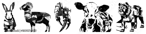 Five animals in black and white vector art