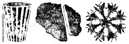 three vector illustrations of trash can rocks and snowflake