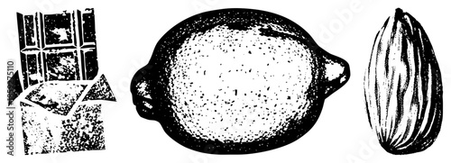 chocolate bar lemon almond black and white vector illustration