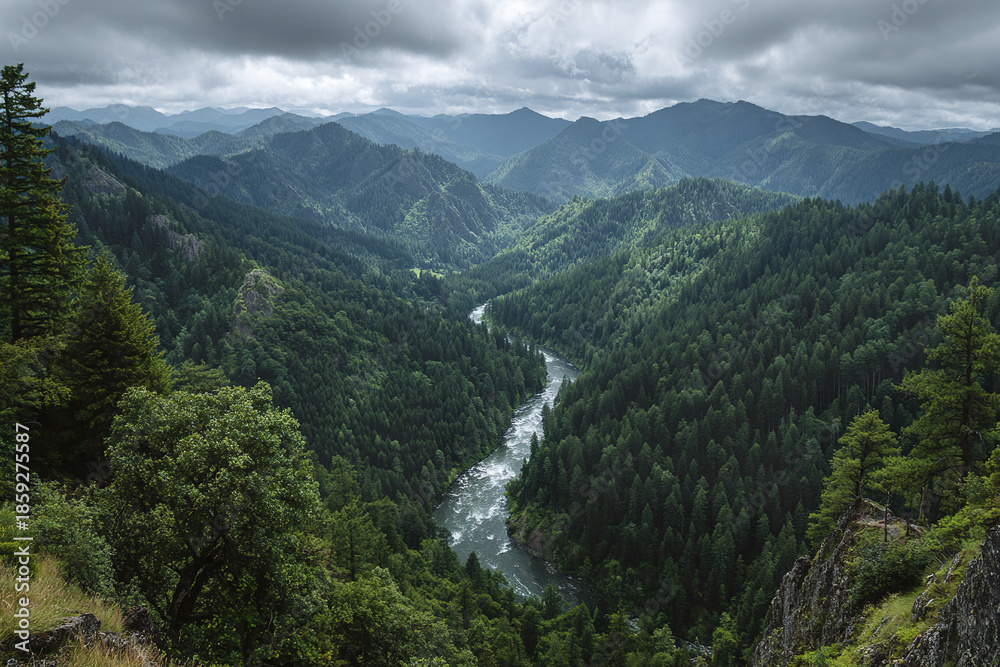 Fototapeta premium Rolling forested mountains with river valley scenic natural landscape under cloudy sky, peaceful wilderness with dense green trees and flowing water in remote area