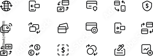 Modern Finance and Money Transfer Icons Set on Transparent Background Vector Illustration of Global Transactions Banking Mobile Payments and Currency Exchange