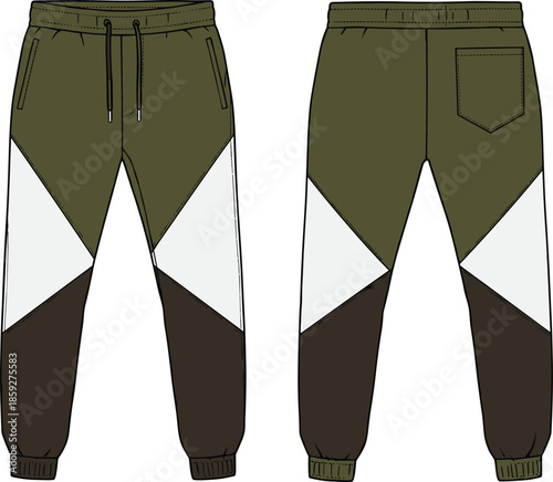 cad drawing flat vector illustration, jogger pants technical sketch, color block track pants template, menswear fashion apparel design