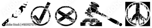 knife checkmark hammer peace symbol