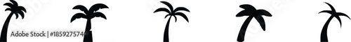Tropical palm tree icon set in simple black silhouette design for summer beach or tropical vacation themes isolated on transparent background