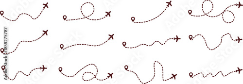 Airplane route icon set in dashed line path illustration with airplane and location pointer symbols great for travel designs with transparent backdrop