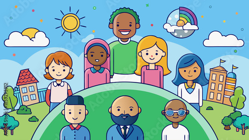 a vibrant illustration depicts a diverse group of people standing together on a green hill under a sunny sky with clouds and a rainbow high quality