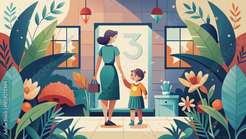 a vibrant illustration depicts a mother and daughter standing at an open doorway surrounded by lush greenery and floral elements welcoming high quality professional detailed modern