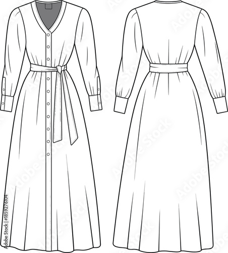 Cad drawing flat vector illustration, long sleeve button-down dress with belt, women's fashion design template, front and back views, casual elegant style