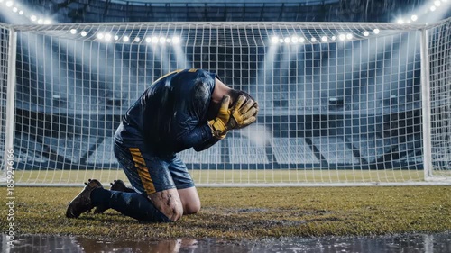 Disappointed adult man goalkeeper kneeling on a muddy soccer field in a stadium. Concept of failure and struggle
