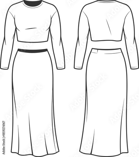 Cad drawing flat vector illustration, long sleeve crop top and maxi skirt outfit, fashion design template, women's casual clothing set, front and back views