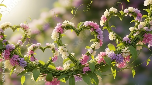 Delicate floral arrangements forming intertwined heart shapes against a soft sunlit garden backdrop