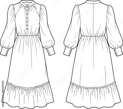 cad drawing flat vector illustration, long sleeve dress technical sketch, front back view fashion template, ruffle hem design detail