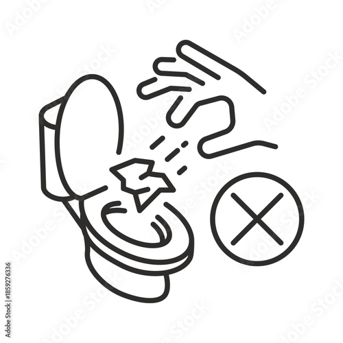 Do not throw trash paper in restroom bowl, no litter icon, line art sign, do not flush down the toilet