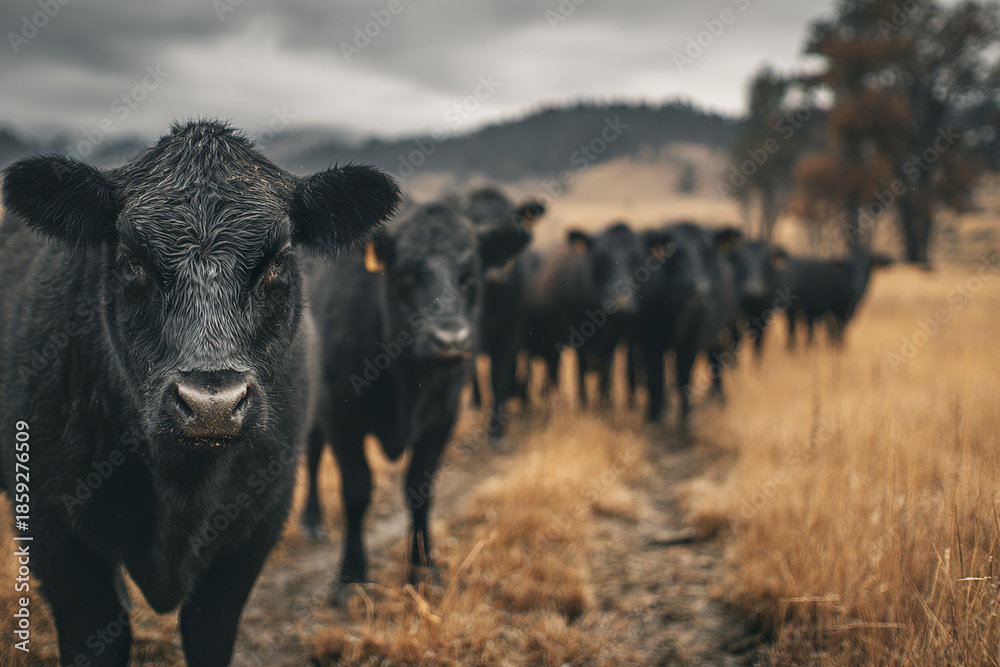 Fototapeta premium Black cow close up with herd in rural field under cloudy sky, evoking calm and natural agricultural lifestyle on misty day in countryside pasture