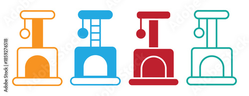 Colorful cat towers for playful pets in modern homes. Cat tower icon and scratching post on white background.