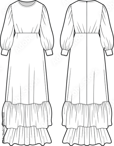 Cad drawing flat vector illustration, long sleeve maxi dress with gathered tiered skirt and cuffed sleeves, fashion design template, front and back views, elegant women's wear