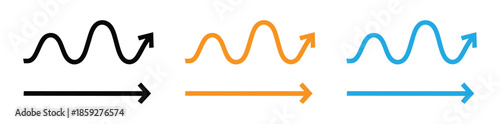 Colorful wavy arrows pointing up and to the right. Set of wavy, zigzag dashed line vector arrows. 