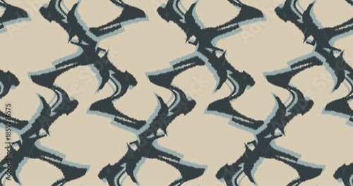 Seamless Abstract Glitch Ikat Geometric Pattern with Jagged Shapes in Charcoal and Slate Blue on Sand Background. suitable for contemporary textile design or digital backgrounds