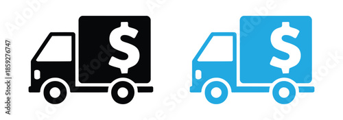 Transportation, dollar, delivery icon. Gray vector graphics. Cash delivery truck icons in black and blue. Money Delivery icon. Simple illustration of a delivery truck with a dollar coin on its side. 