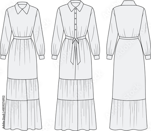 cad drawing flat vector illustration, long sleeve tiered maxi dress with shirt collar, button front, waist belt, technical fashion sketch design.