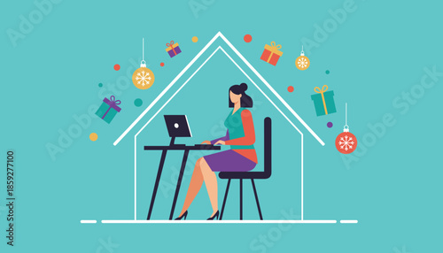 Woman working from home during the holiday season surrounded by Christmas gifts and festive decor