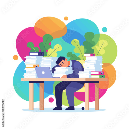 Overworked businessman sleeping on his desk surrounded by huge piles of files and documents Stress and burnout concept