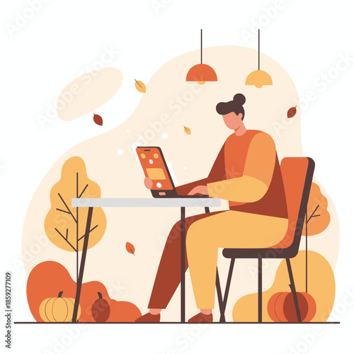 Cozy autumn remote work concept Person using laptop near fall decor and pumpkins