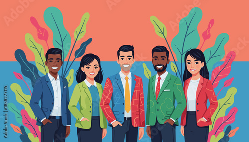 Diverse smiling business team in modern suits against a vibrant tropical background Success and collaboration concept