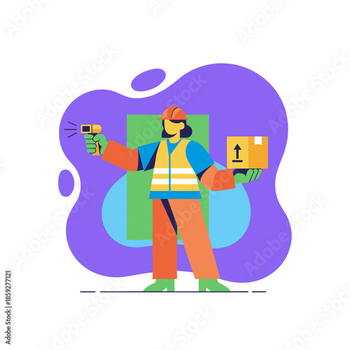Female warehouse worker scanning package for inventory management and efficient logistics operations illustration