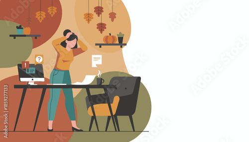 Overwhelmed remote worker grabs her head facing work stress and computer issues in a cozy autumn office
